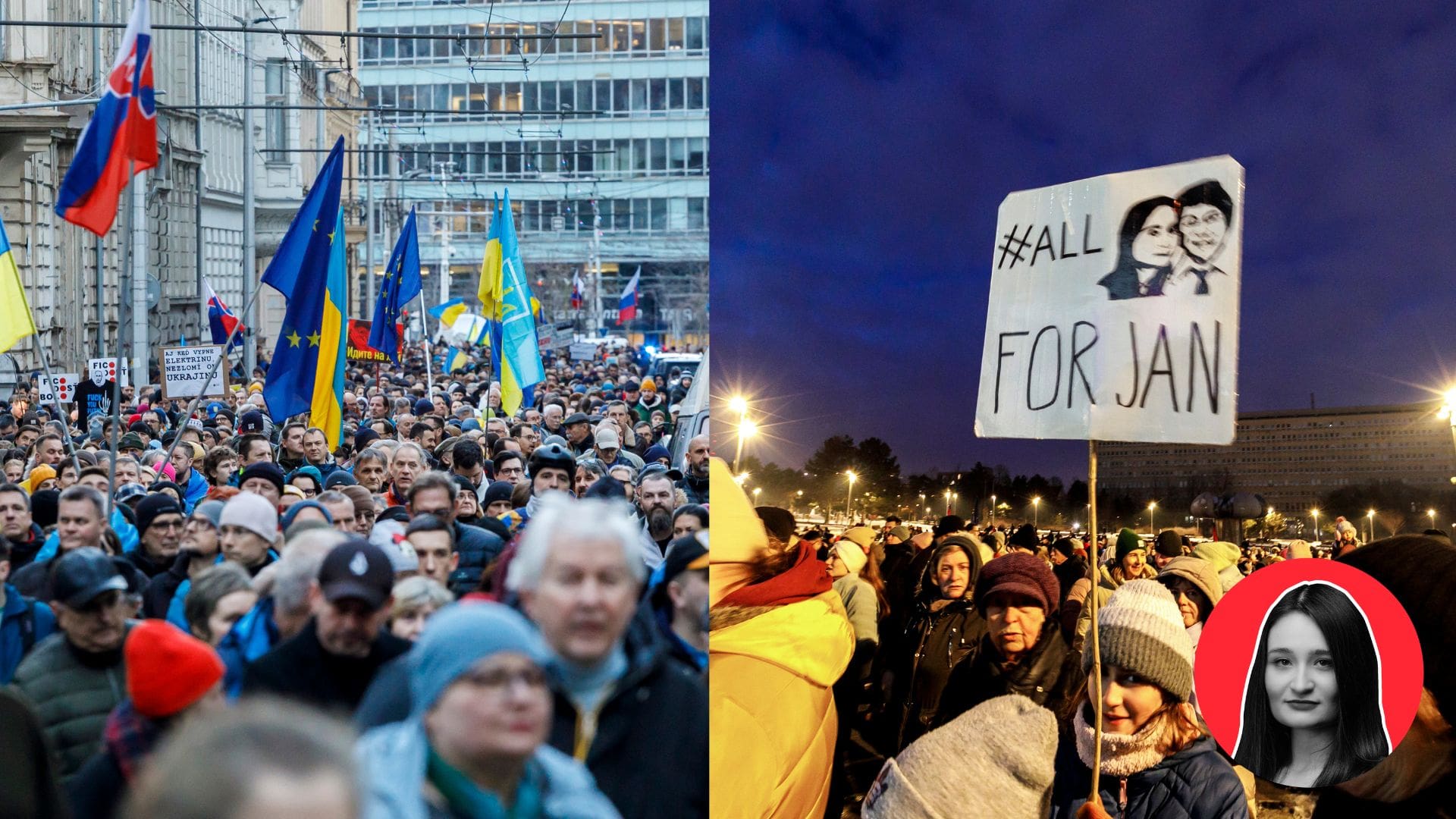 Na snímke zhromaždenie ku 4. výročiu vojny na Ukrajine a 8. rokov od vraždy Jána Kuciaka a Martiny Kušnírovej.