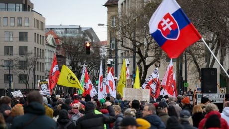 Na snímke účastníci protestného zhromaždenia platformy Otvorená kultúra, 31. marca 2026 v Bratislave.