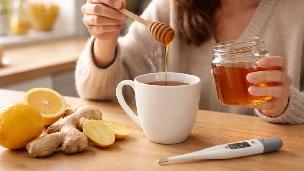 med, čaj, teplomer, zázvor, citrón