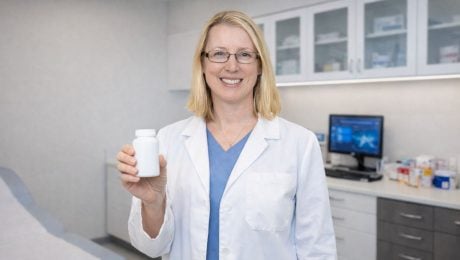 Farmaceutka drží výživový doplnok