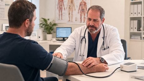 lekár meria pacientovi krvný tlak