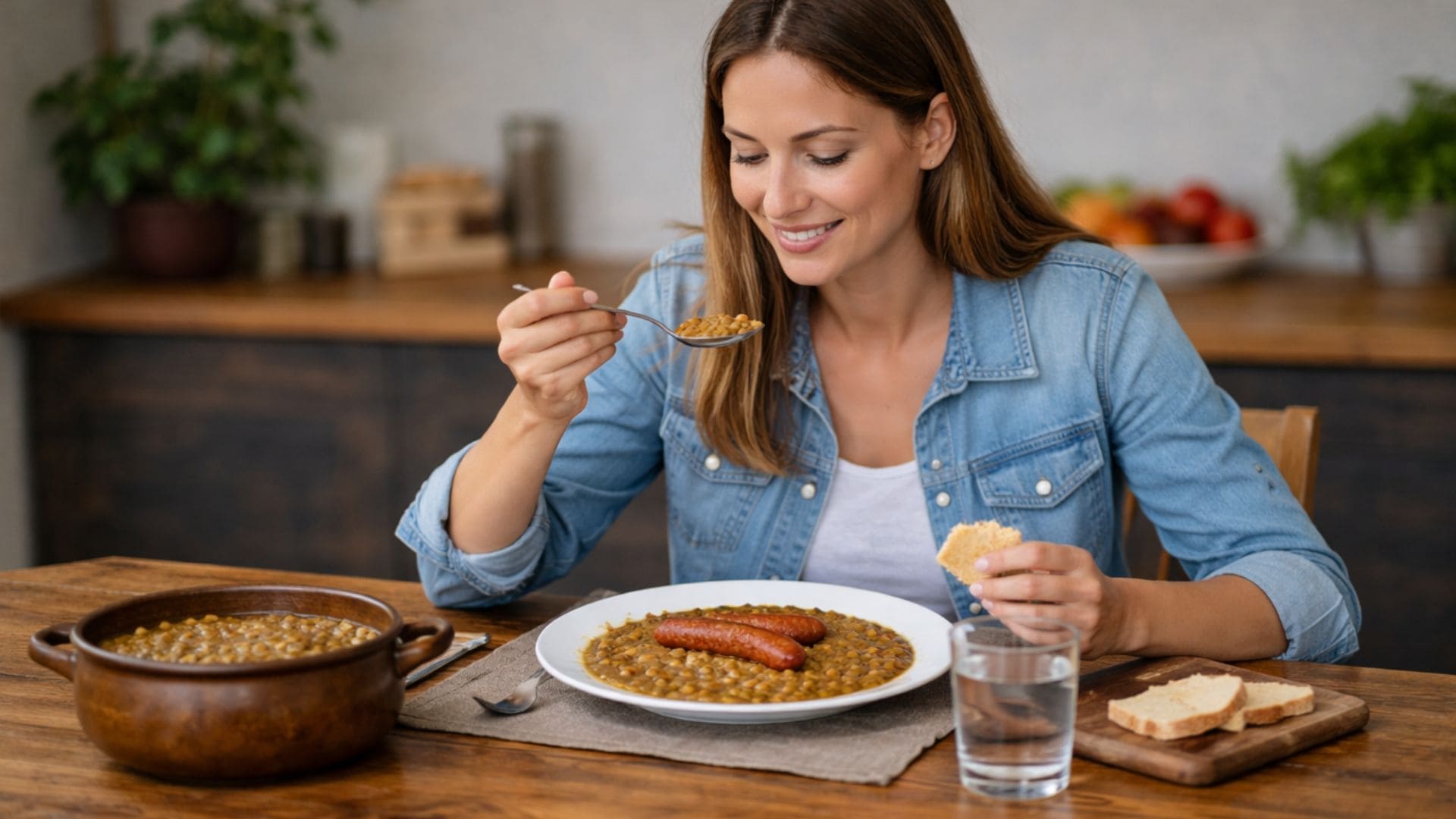 žena konzumuje šošovicový prívarok