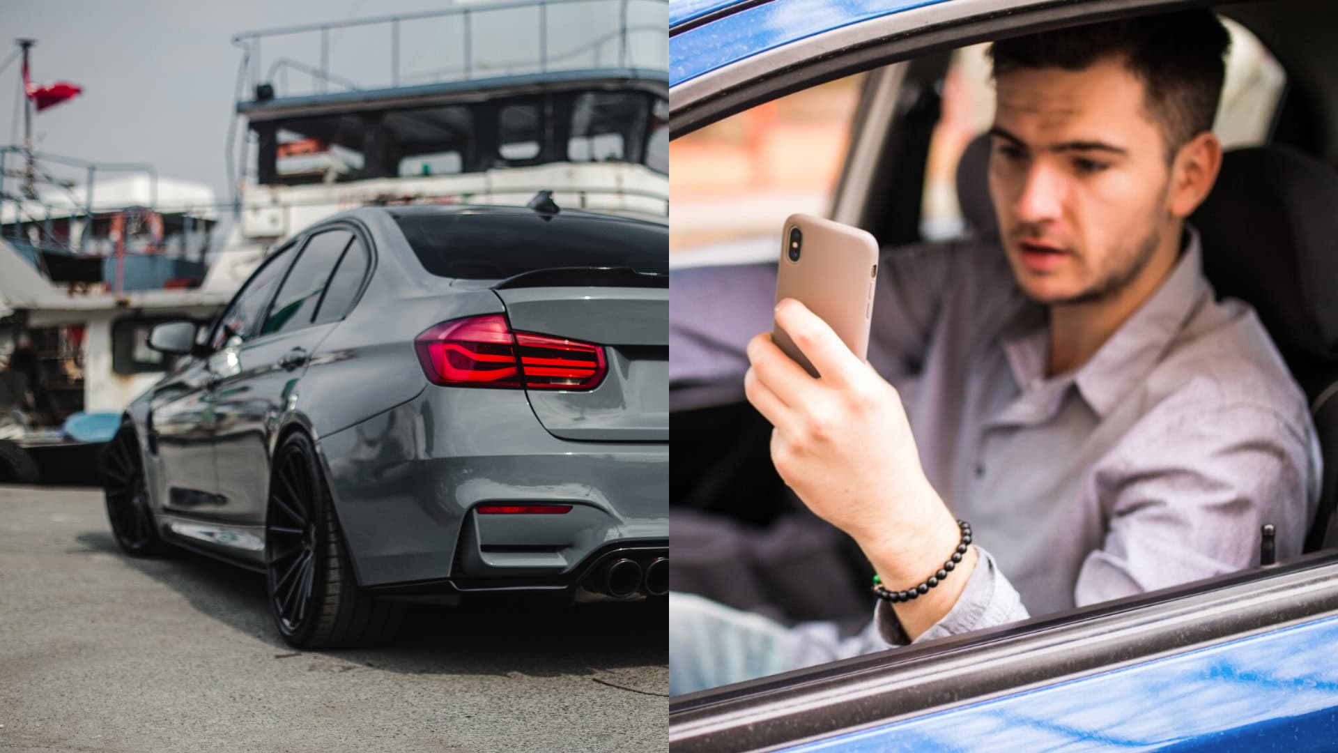 Na snímke auto a muž, ktorý používa mobilný telefón.