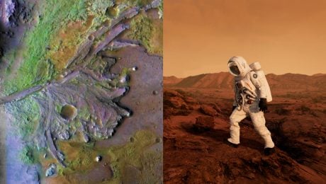 Na snímke Jezero Crater Delta a astrunaut na Marse