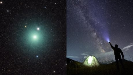 Na snímke nočná obloha a muž, ktorý ju pozoruje.