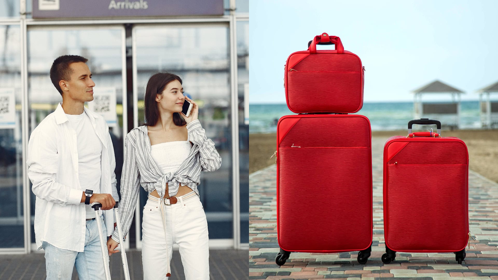 Na snímke pár na letisku a červené kufre.