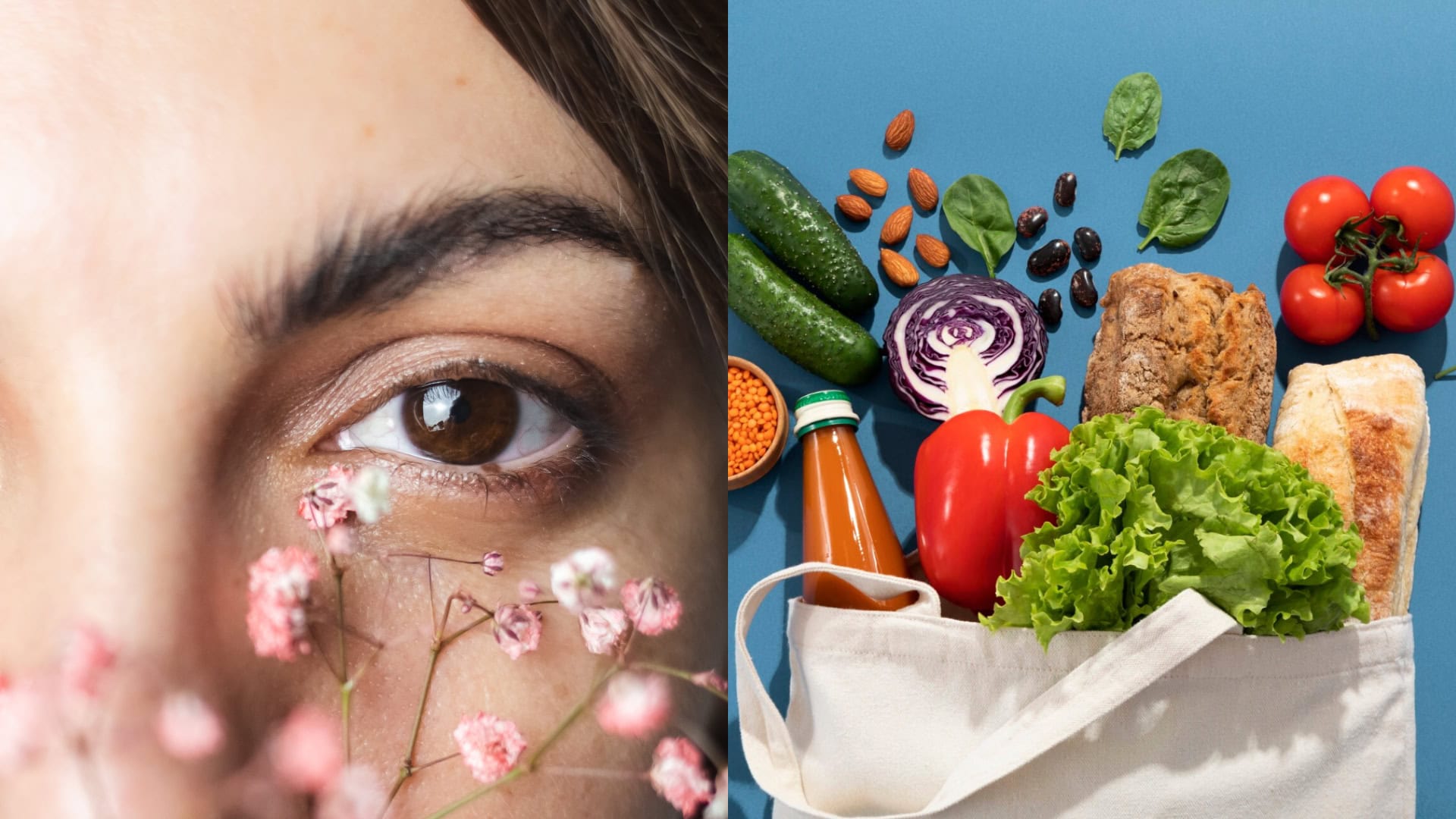 Na snímkach detail oka a potraviny.