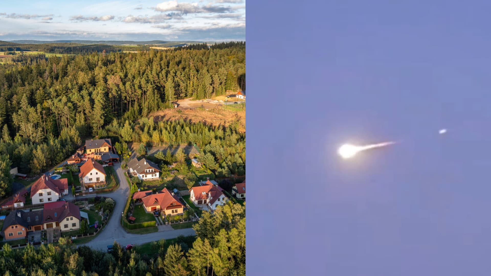 Na snímke rodinné domy a meteroid.