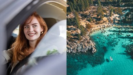 Na snímka žena v aute a more.