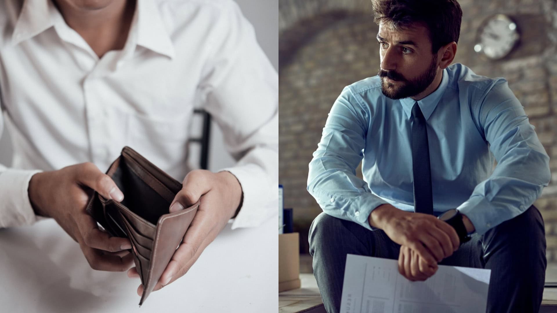 Na snímkach prázdna peňaženka a muž v práci.