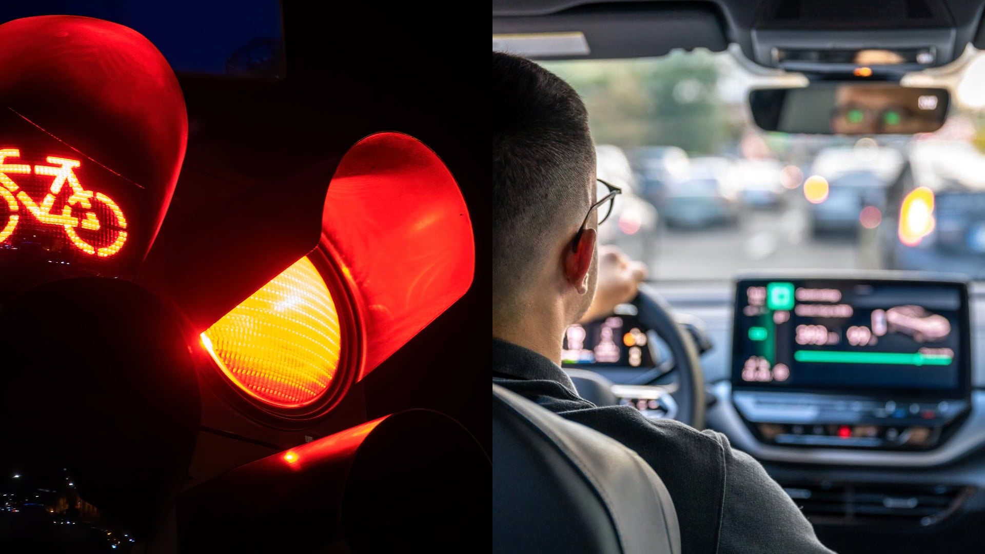 Na snímke semafor a vodič v aute.