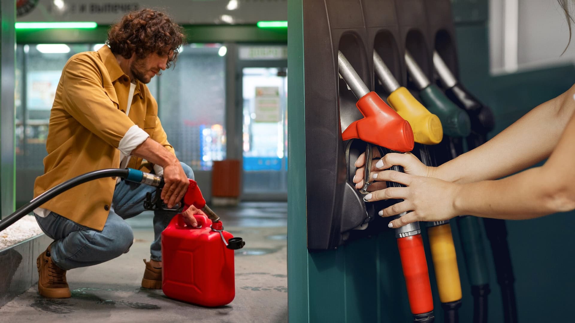 Na snímke muž, ktorý tankuje do bandasky a benzínová stanica.