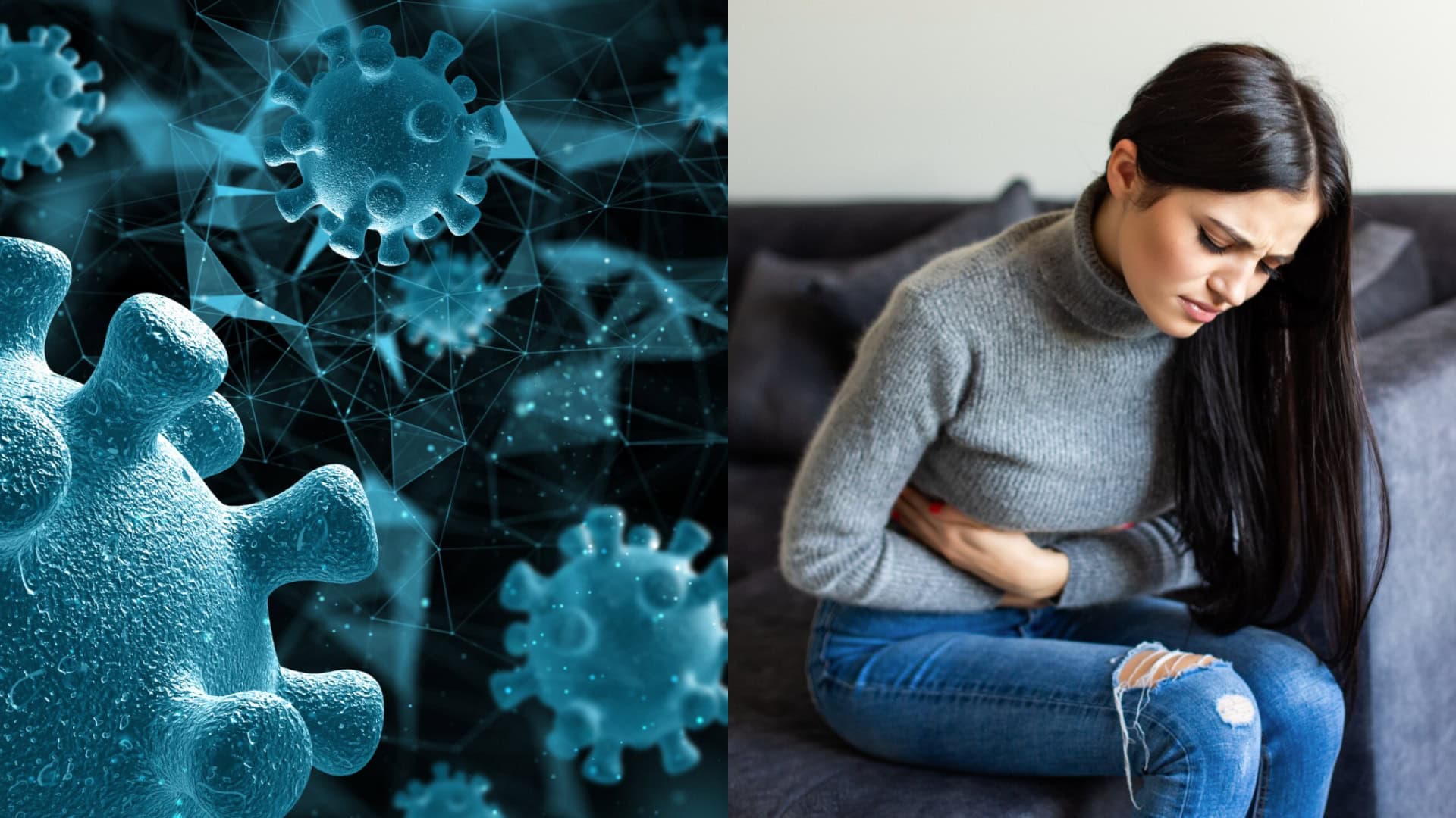 Na snímke baktéria a žena, ktorá sa drží za brucho.