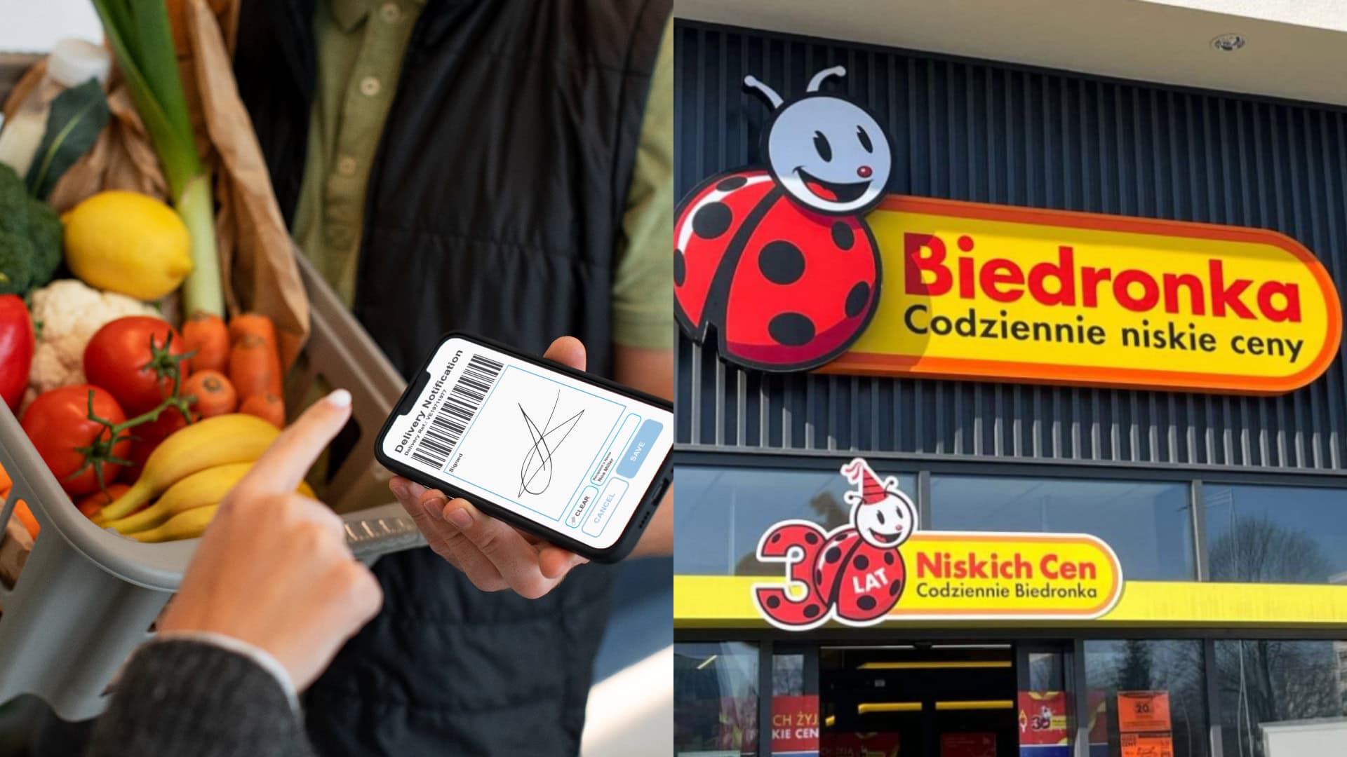 Na snímke smartfón a predajňa Biedronka.