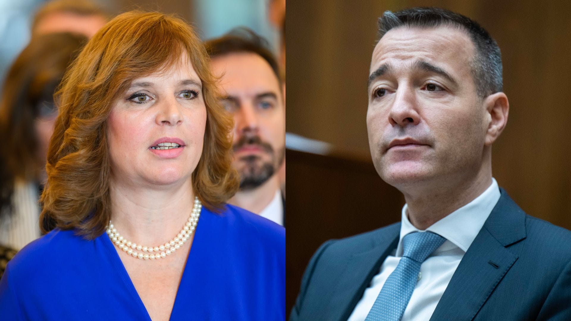 Na snímke vľavo predsedníčka strany Za ľudí Veronika Remišová a vpravo minister školstva Tomáš Drucker (Hlas-SD.