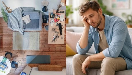 interiér, smutný muž