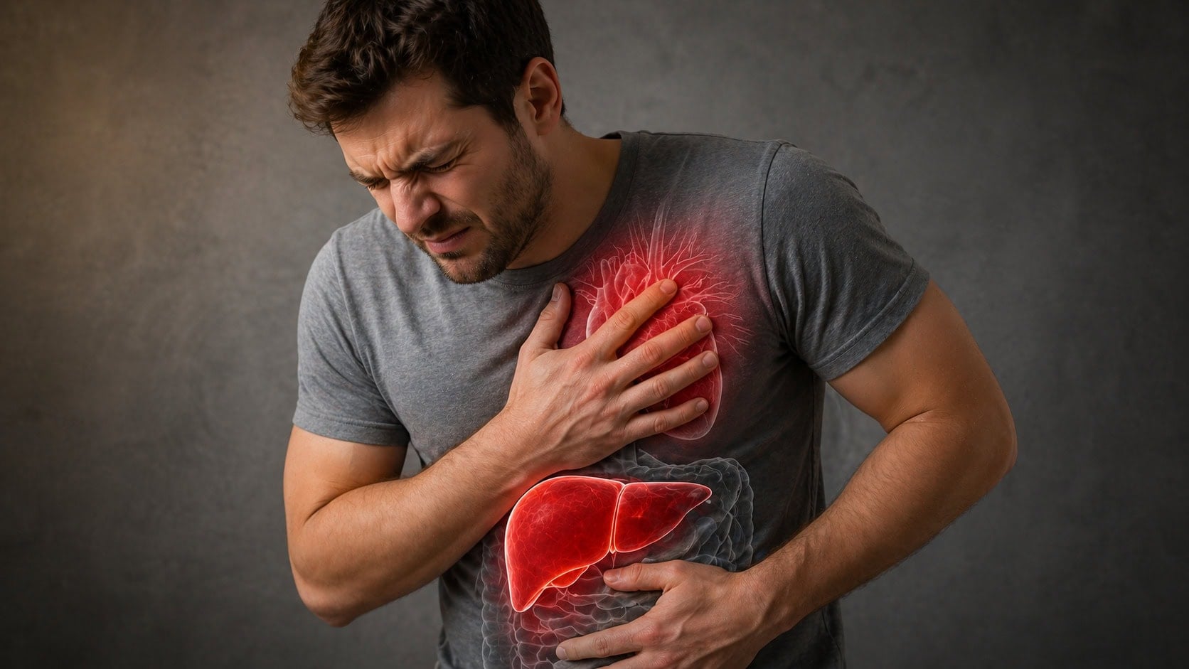 srdce, pečeň, muž s bolesťami