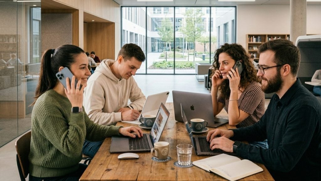 na snimke su apple produkty, pracujuci ludia, macbook