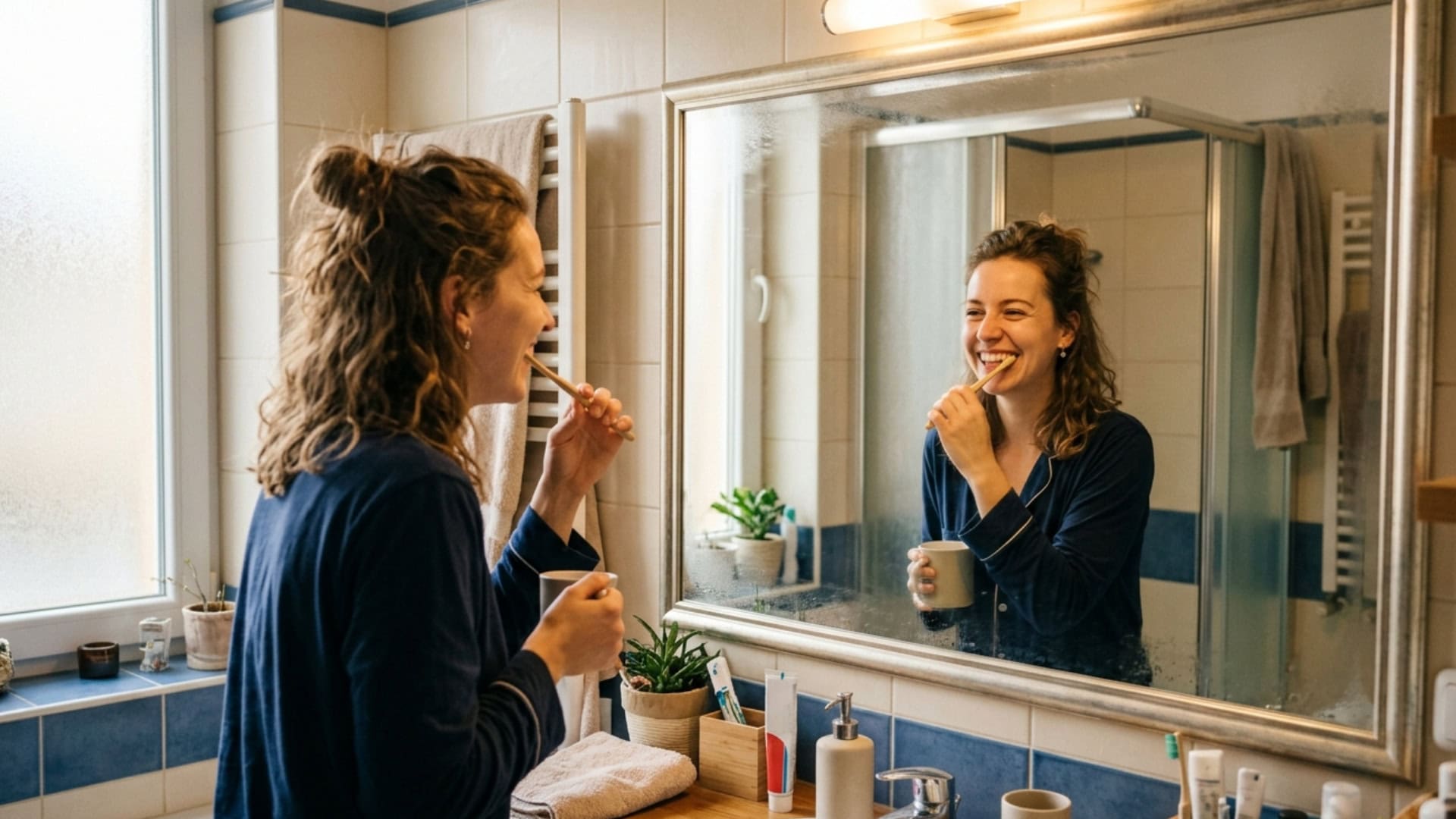 na snimke je rano, rana rutina, cistenie zubov