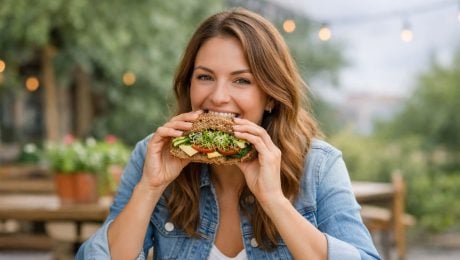 žena konzumuje sendvič s brokolicovými klíčkami