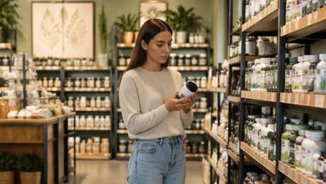 žena číta etiketu na doplnku výživy