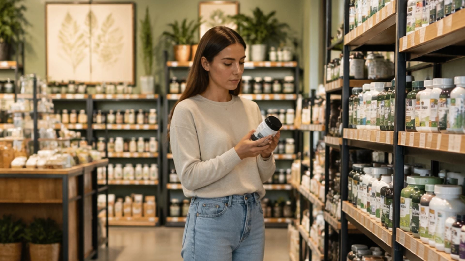 žena číta etiketu na doplnku výživy