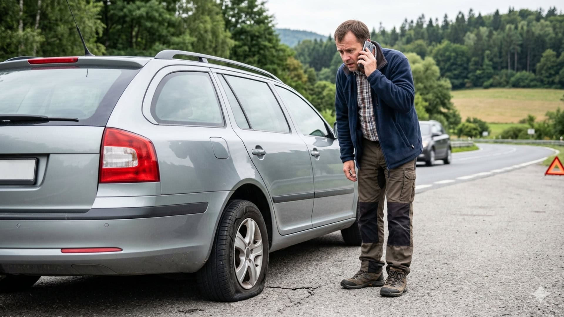 Na snímke muž s prasknutou pneumatikou.