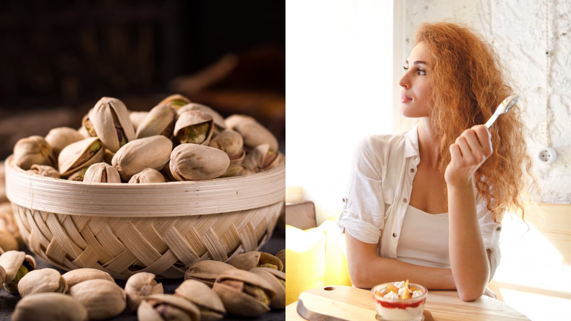 Na snímke pistácie a žena, ktorá konzumuje jedlo.