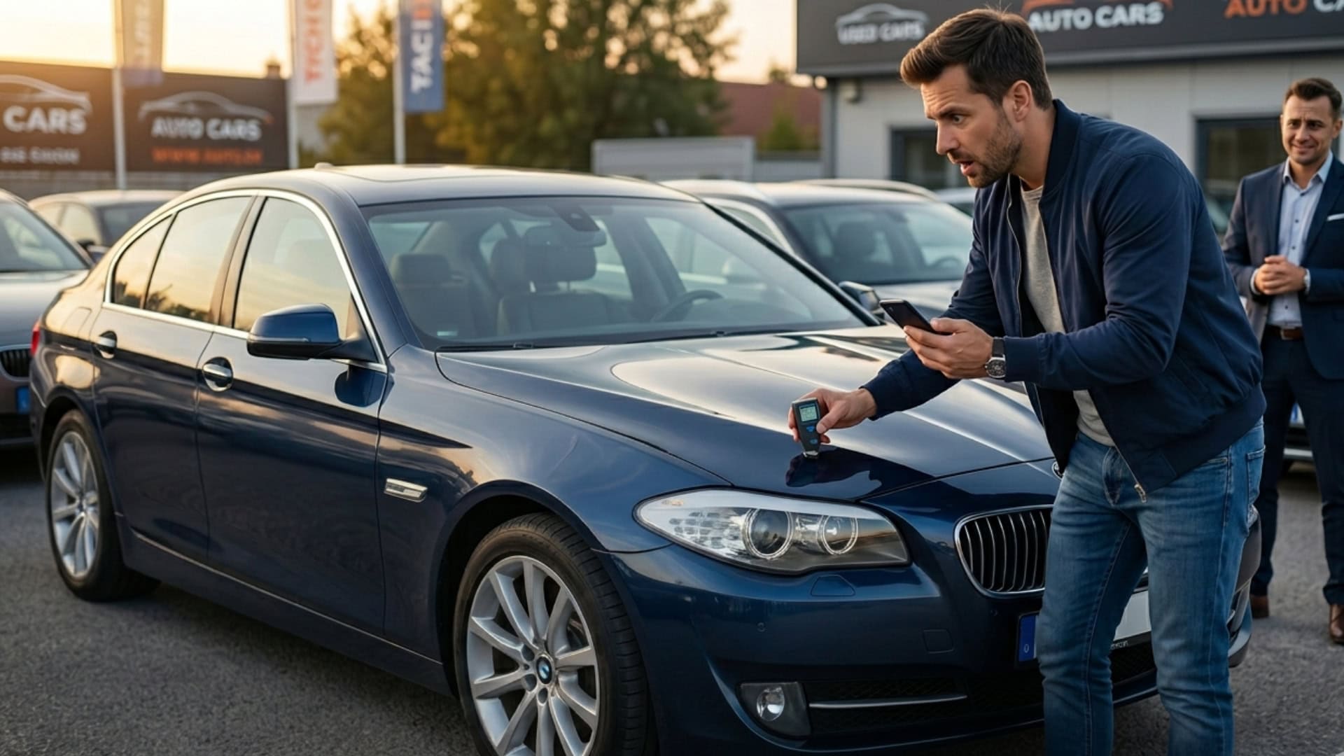 Na snímke muž, ktorý kontroluje auto.