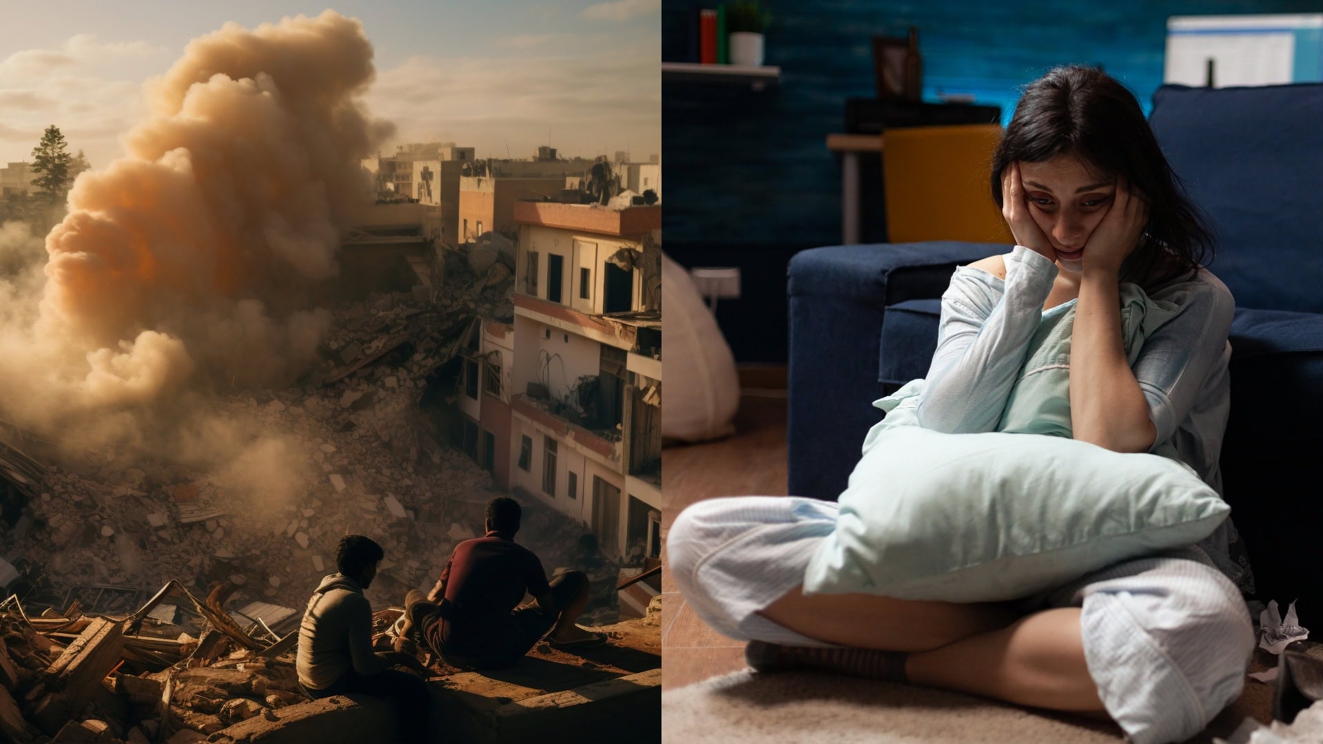 Na snímke vojna a žena, ktorá má úzkosť.