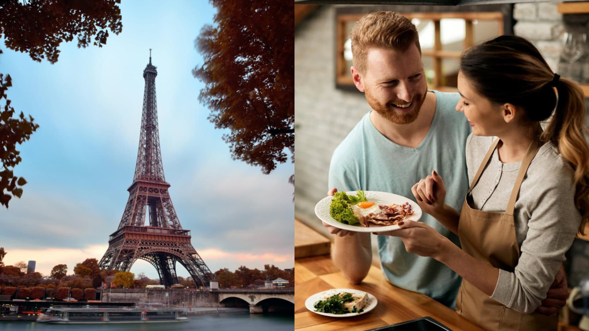 Na snímke Paríž a muž so ženou, ktorý majú pred sebou jedlo.