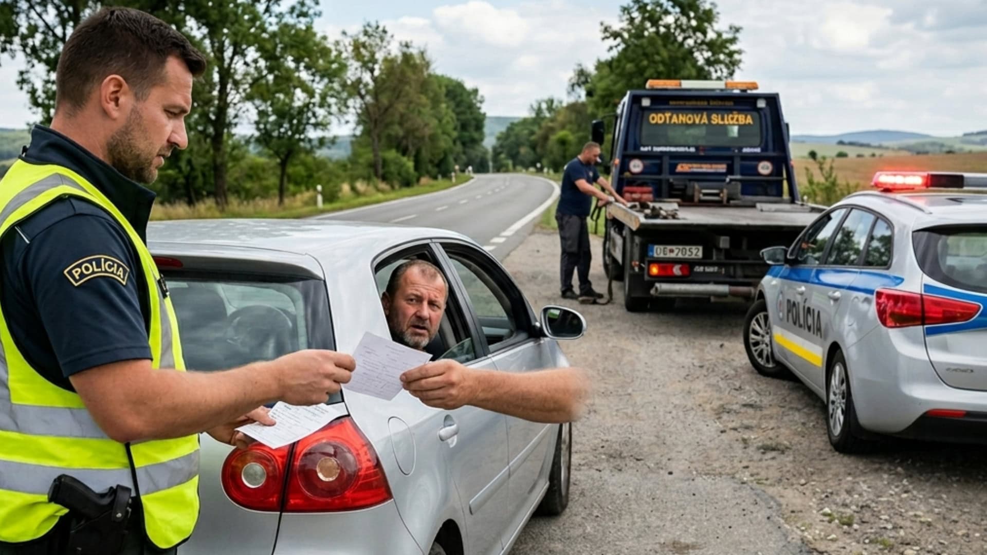 na snímke policajt a vodič auta