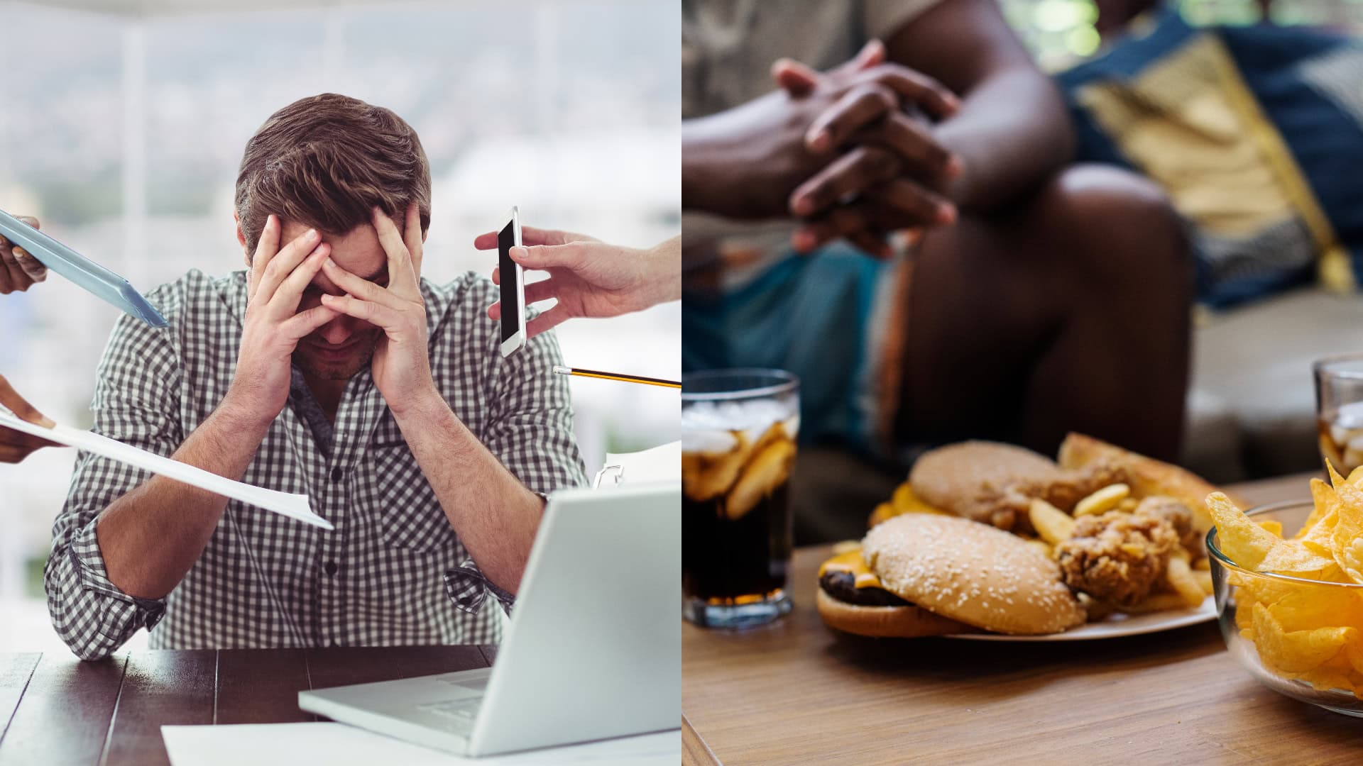 Na snímke muž v strese a jedlo na stole,