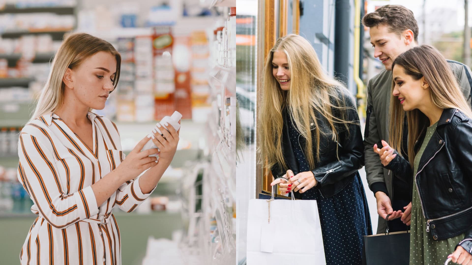 Na snímkach ľudia, ktorí nakupujú.