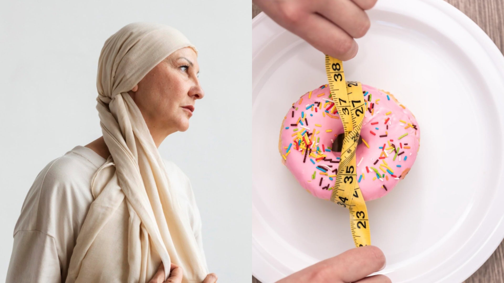 Na snímke žena s rakovinou a nezdravé jedlo.