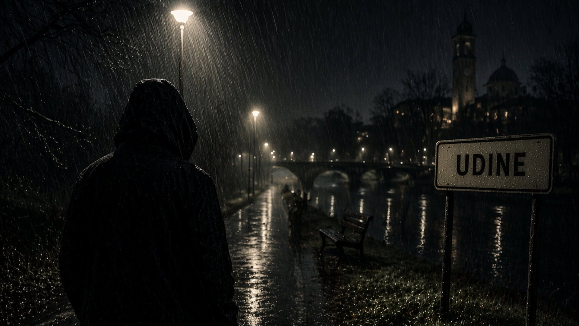 Tmavá postava v tme a daždi na kraji mesta Udine