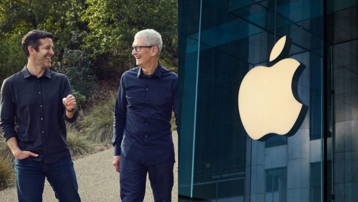 Na snímke budúci generálny riaditeľ Apple John Ternus (vľavo) a súčasný generálny riaditeľ Apple Tim Cook (vpravo)