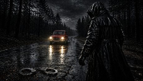 Čierna postava sériového vraha na kraji lesa s červeným autom a putami