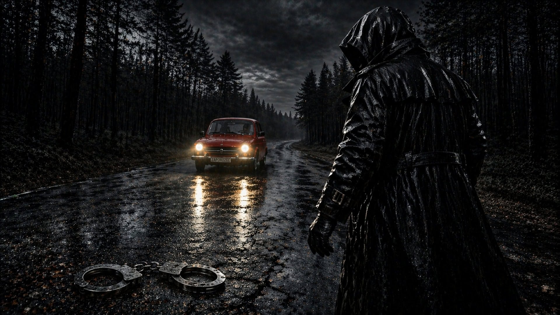 Čierna postava sériového vraha na kraji lesa s červeným autom a putami