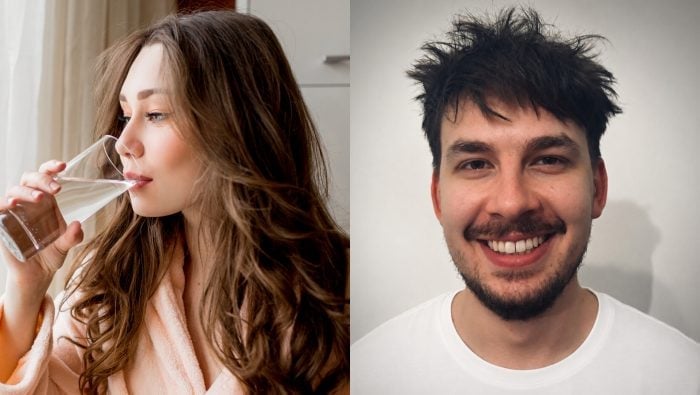 Na snímkach žena, ktorá pije vodu a Marek Mikolajčík z lekárne Dr. Max