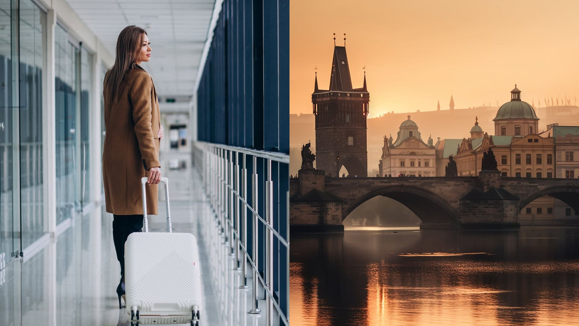 Na snímkach žena na letisku a mesto Praha.