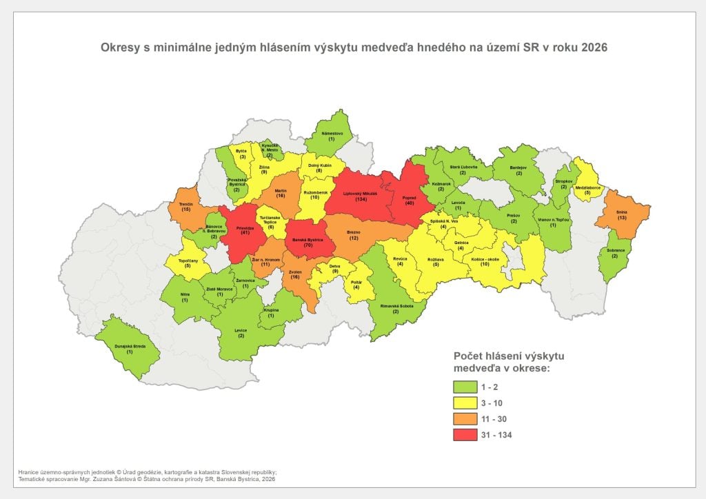 Mapa Hlásenia výskytu medveďa hnedého k 21.5.2026