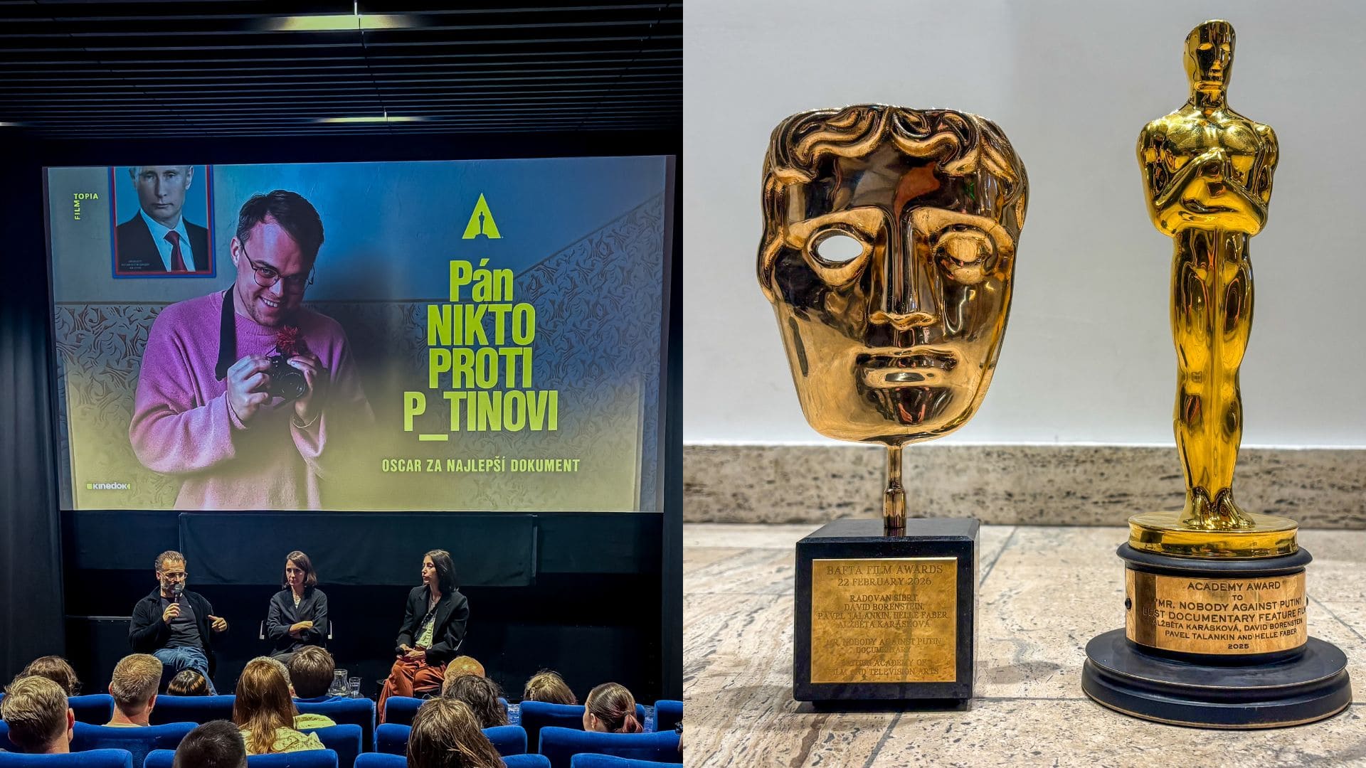 Na snímke diskusia v bratislavskom kine Lumiere a soška Oscara a BAFTA za film Pán Nikto proti Putinovi.