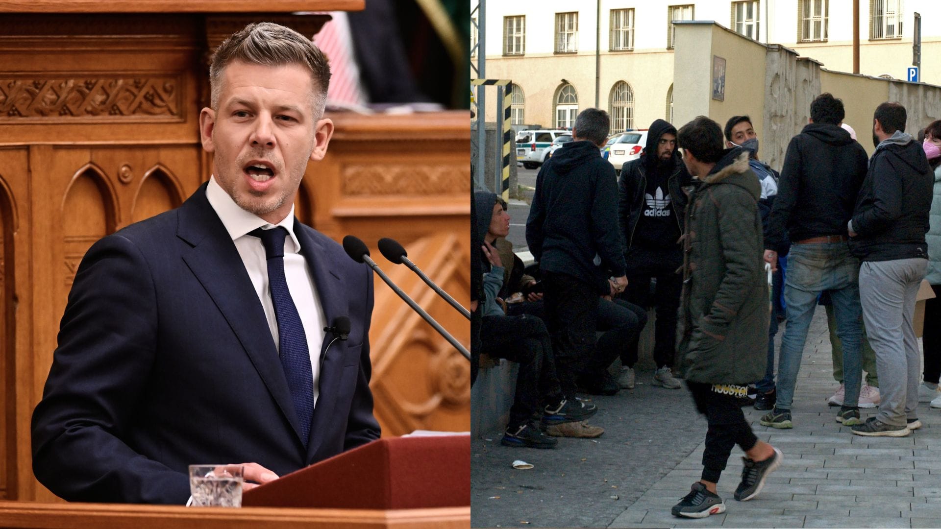 Na snímke maďarský premiér Péter Magyar a migranti na bratislavskej železničnej stanici v roku 2023.