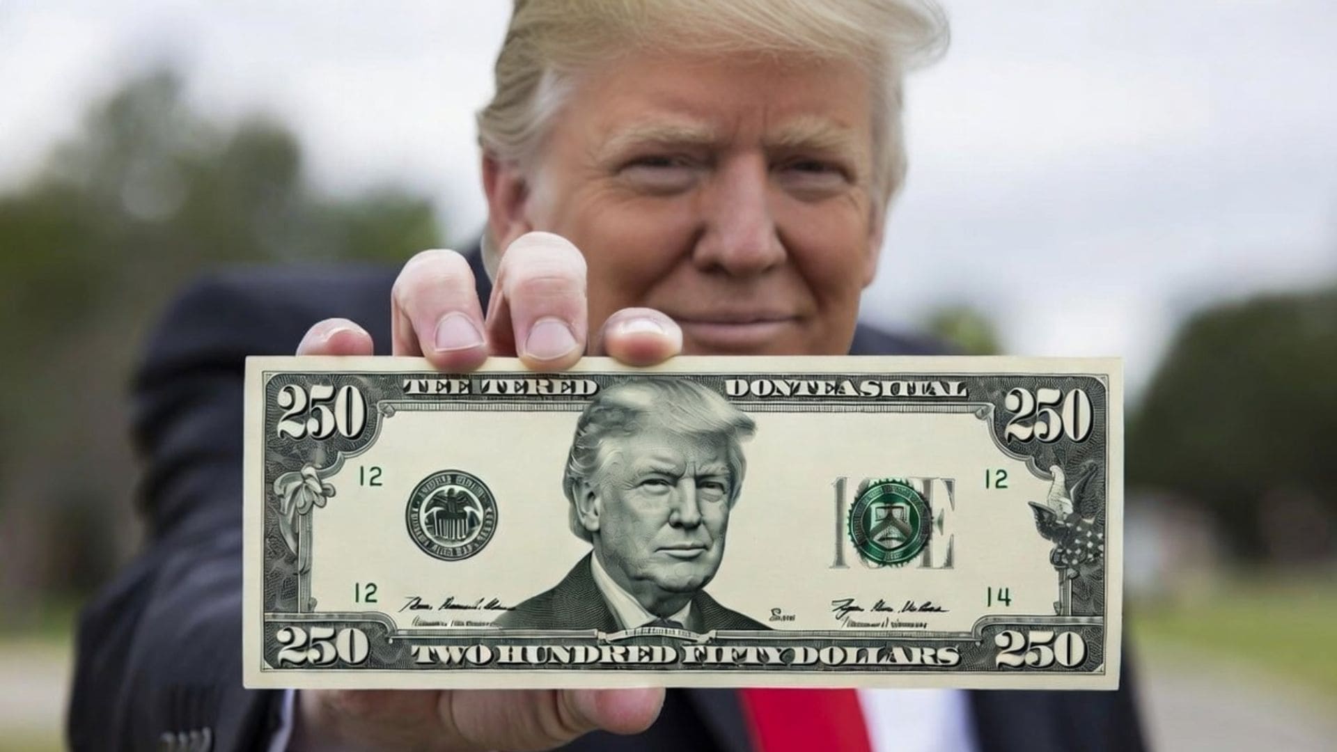 Donald Trump drží americkú bankovku so svojou podobizňou