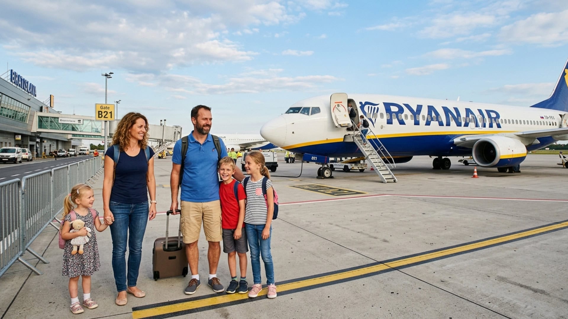 na snimke je ryanair, rodina, let