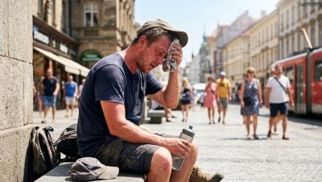 Na snímke muž, ktorému je teplo.