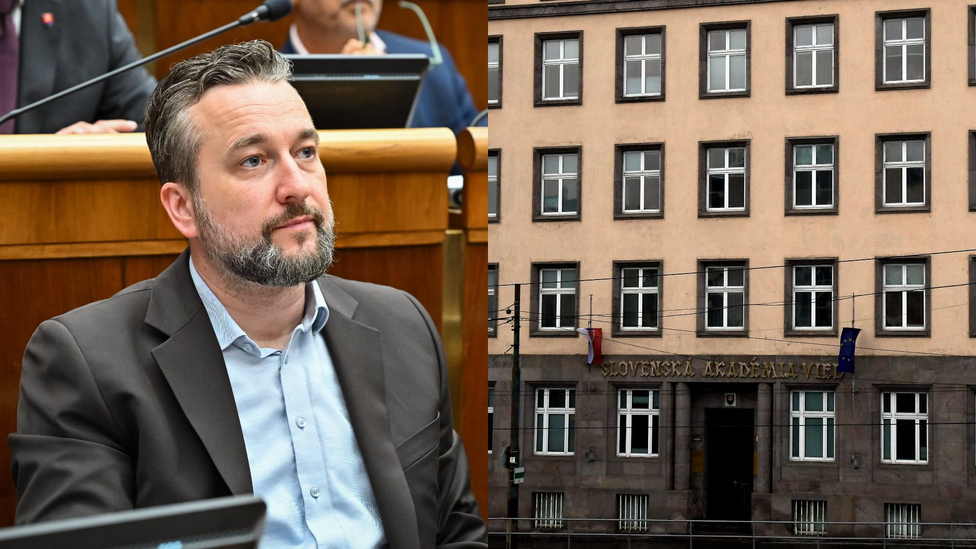 Na snímke Ľuboš Blaha a budova Slovenskej akadémie vied (SAV)