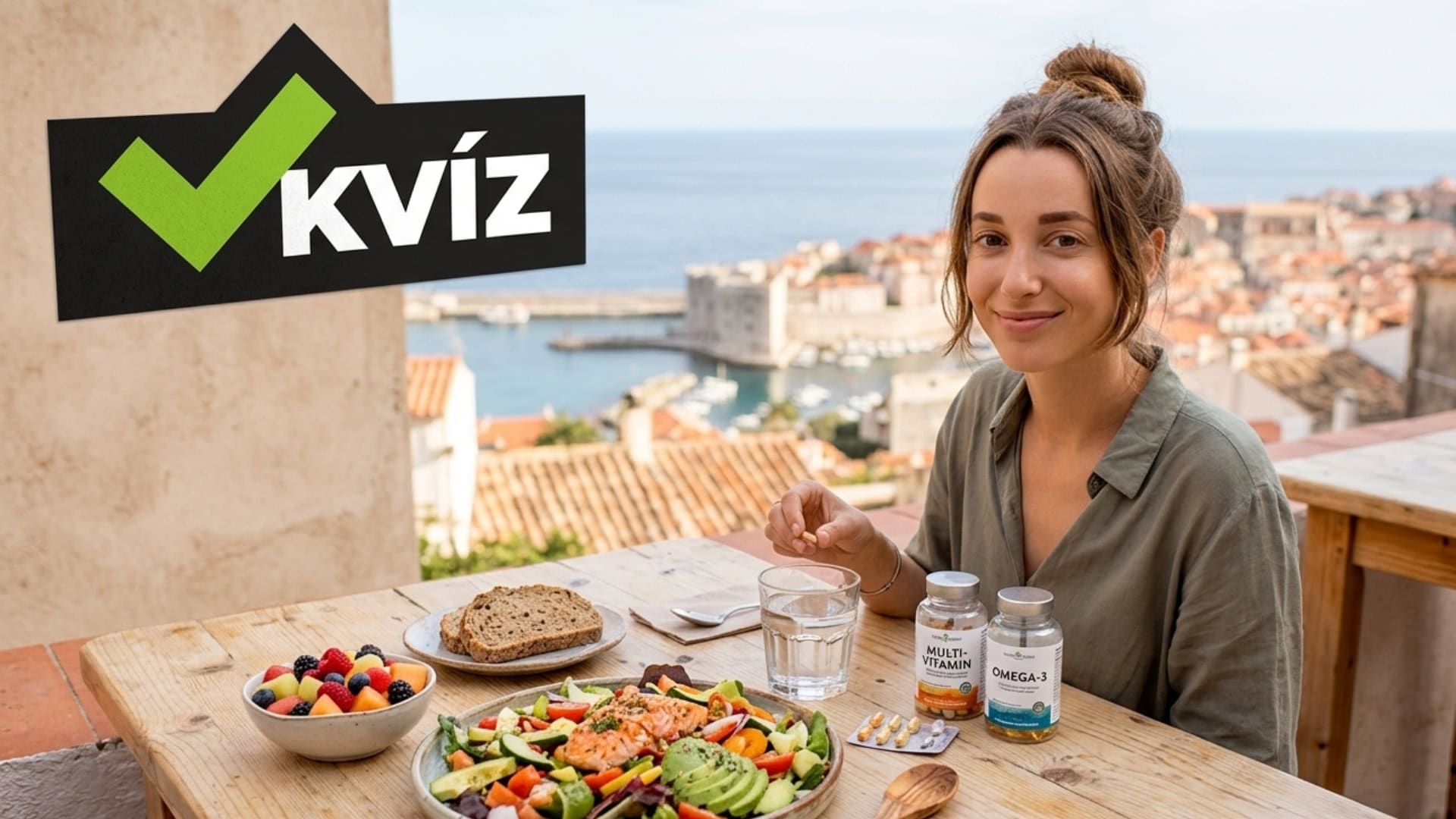 Na snímke žena s jedlom a vitamínami