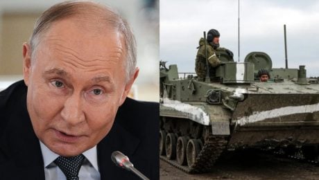 Na snímke Putin a vojenský tank.
